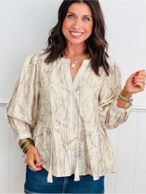 ODDI Cream Printed Peasant Tunic with Tassel V-Neck
